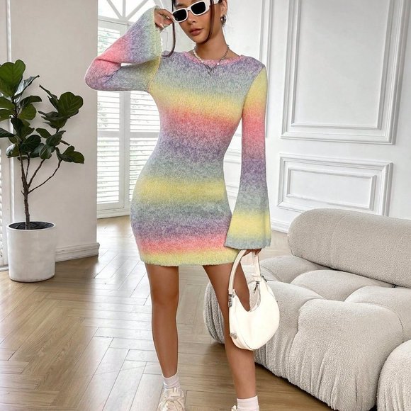 . Dresses & Skirts - Multicolor Casual Womens Ombre Backless Flounce Sleeve Sweater Dress